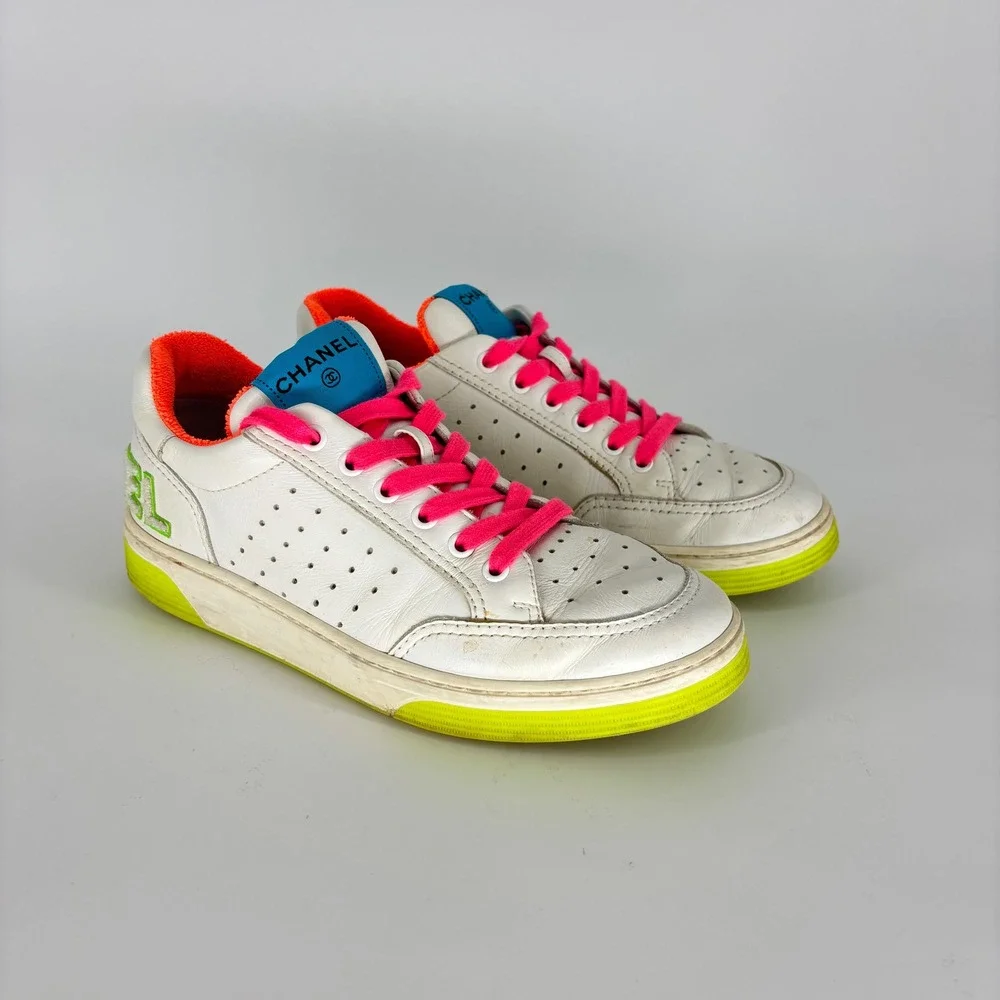 Chanel Calfskin Logo Low Top Sneakers White Neon Women Size 39 Leather Colorful